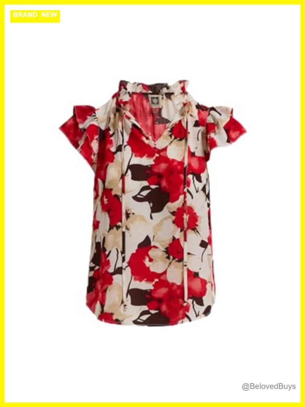 Ruffle Sleeve Tie Printed Crepe Blouse V-Neck Pullover